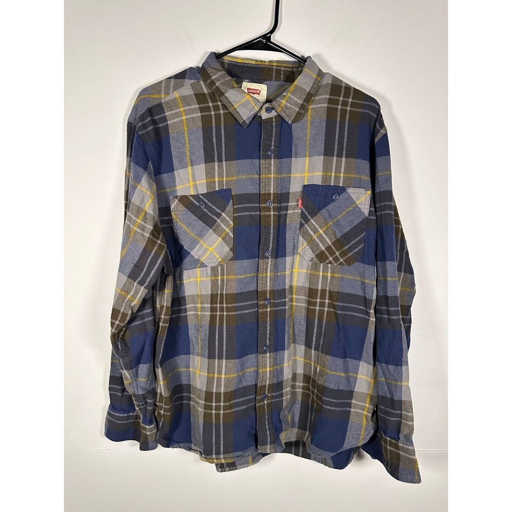 Levis Flannel Shirt Mens XL Blue Gray Plaid Long Sleeve Button Front Casual